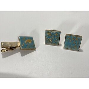Vintage Turquoise Tone Gold Tone Fleck Cufflinks & Tie Clip Set Mid Century